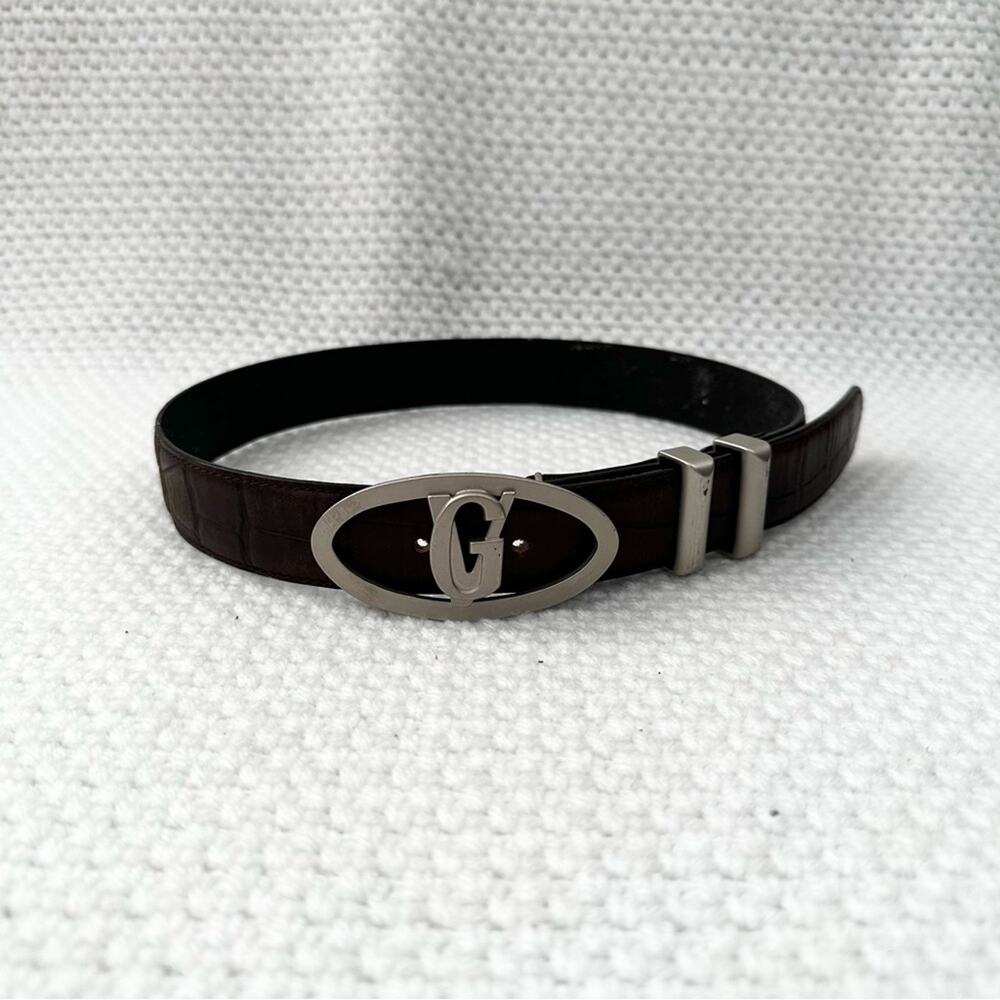 Gianni Versace Kids Vintage Brown Leather Logo Oval Silver Buckle GV Belt 65/26